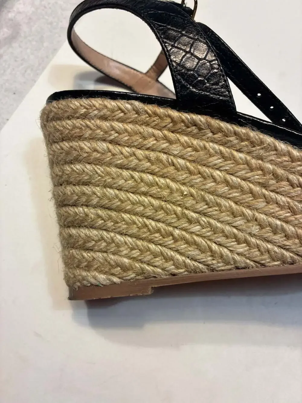 Stuart Weitzman Dayna Black Croc-Embossed Leather Espadrille Wedge Sandals